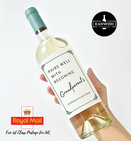 Pairs well with becoming Grandparents Wine Label | Baby Announcement | Pregnancy Announcement Gift |  Gift for Nan Gran Grandad Grandma