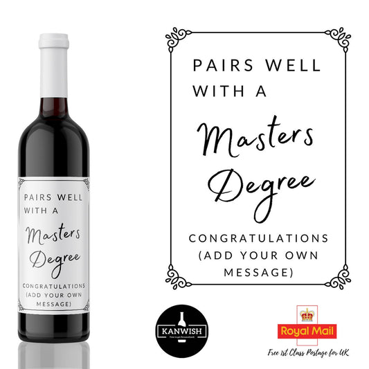 Pairs well with Masters Degree wine label sticker | University Graduation Gift | Graduation Wine Label | Wine Gift uni mate| wine sticker