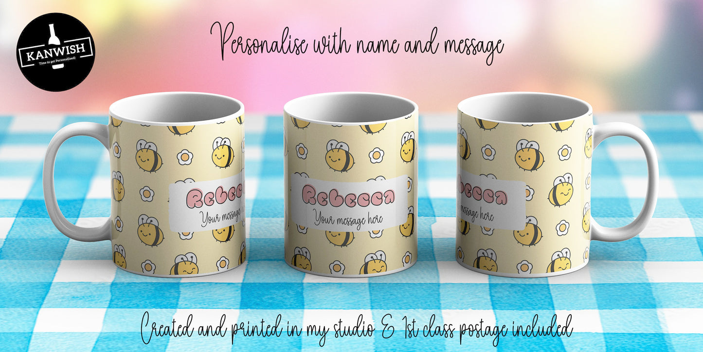 Kawaii bees design 11oz personalised mug | custom coffee tea hot chocolate ceramic mug | kawaii design cute | UK seller | Dishwasher Safe