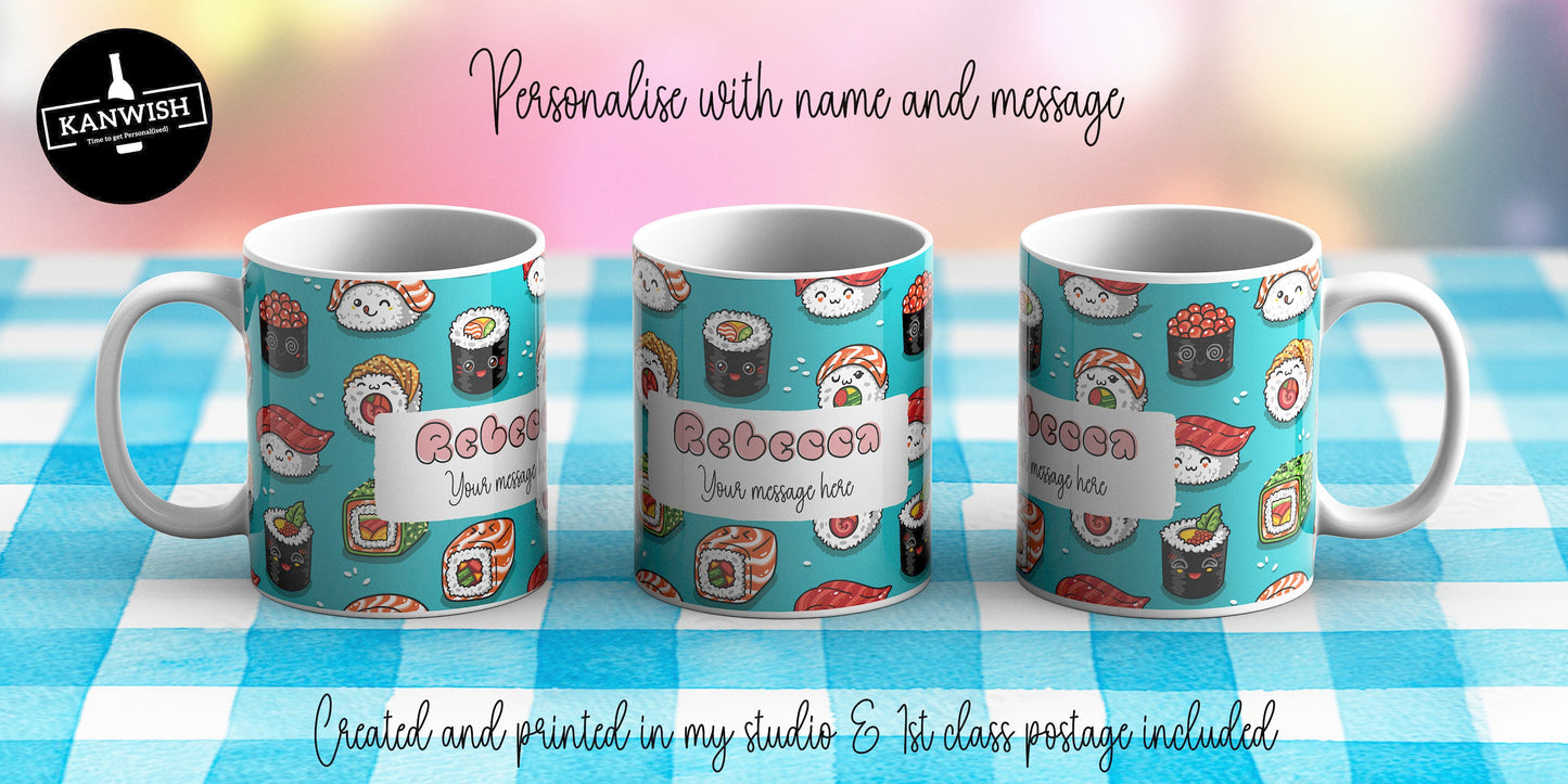 Kawaii sushi design 11oz personalised mug | custom coffee tea hot chocolate ceramic mug | kawaii design cute | UK seller | Dishwasher Safe