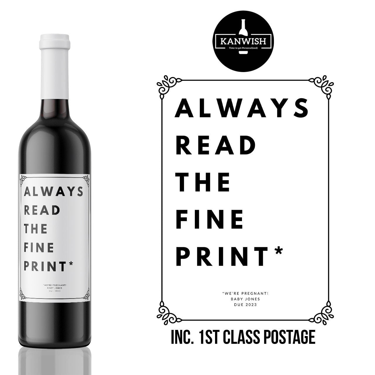 Always read the small print wine label | Wine Sticker | Baby Pregnancy announcement | grandparent gift | Granddad | Grandma | Uncle | Auntie