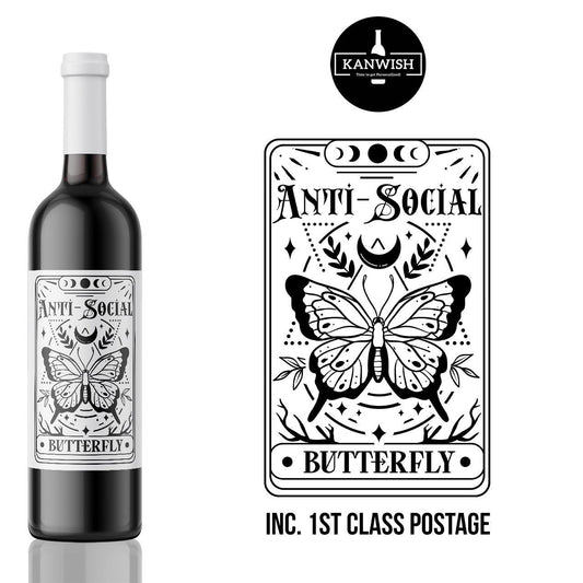 Anti Social butterfly Wine Label, funny banter custom wine label, personlised wine label sticker, Birthday wine label