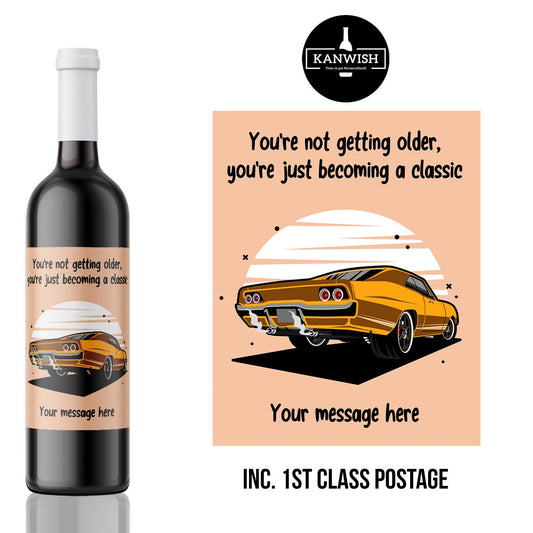 classic car birthday custom wine label, petrol head birthday gift, boomer personalised wine label sticker, 40th 50th 60th birthday dad uncle