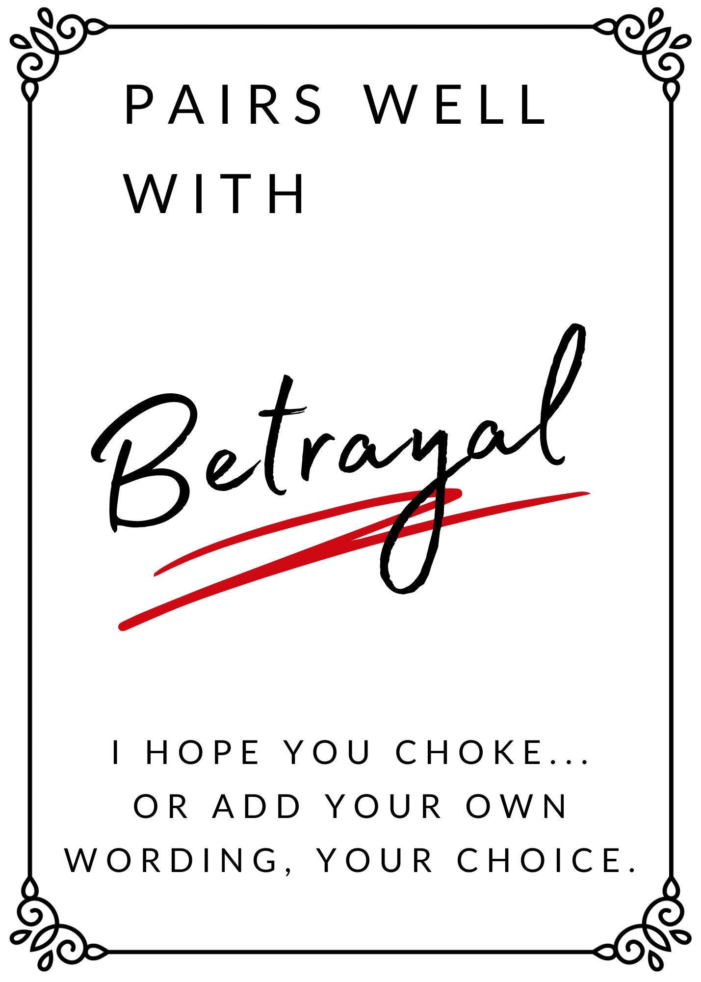 Pairs well with Betrayal custom personalised Wine Label sticker - Funny Personalised Gift | Leaving Work Gift | For Work Bestie | Colleague