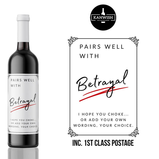 Pairs well with Betrayal custom personalised Wine Label sticker - Funny Personalised Gift | Leaving Work Gift | For Work Bestie | Colleague