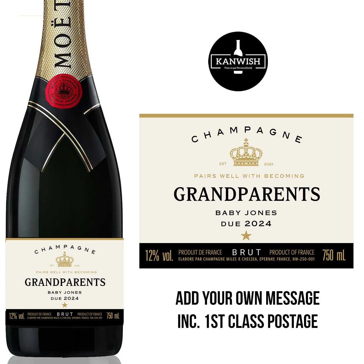 Personalised grandparents Champagne Bottle Label sticker, new baby gift, baby announcement bottle gift,  becoming grandparents gift, nan