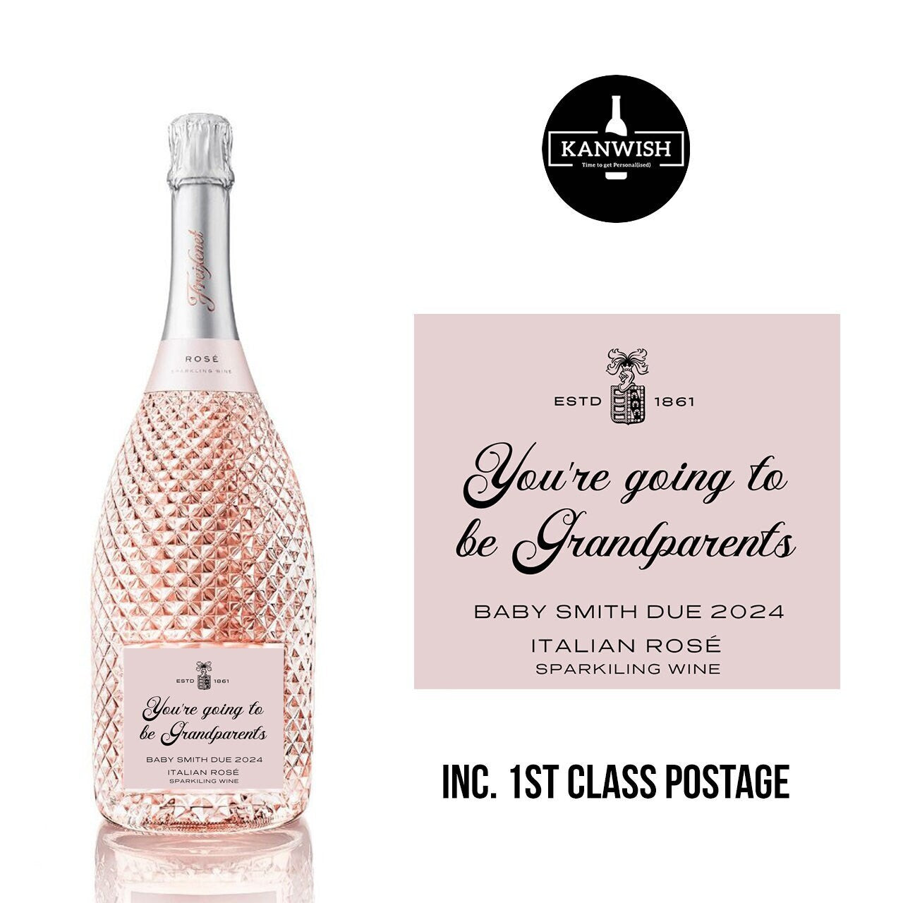 Personalised grandparent Prosecco Bottle Label sticker, baby announcement label gift, baby due 2024, nan and grandad to be gift,