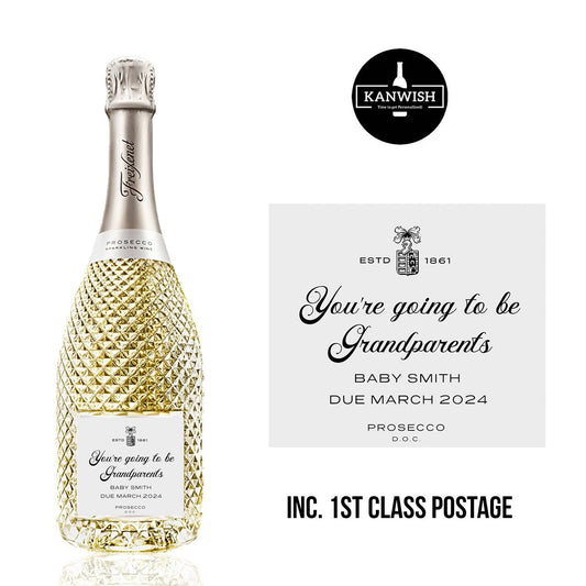 Personalised grandparent Prosecco Bottle Label sticker, baby announcement label gift, baby due 2024, nan and grandad to be gift,