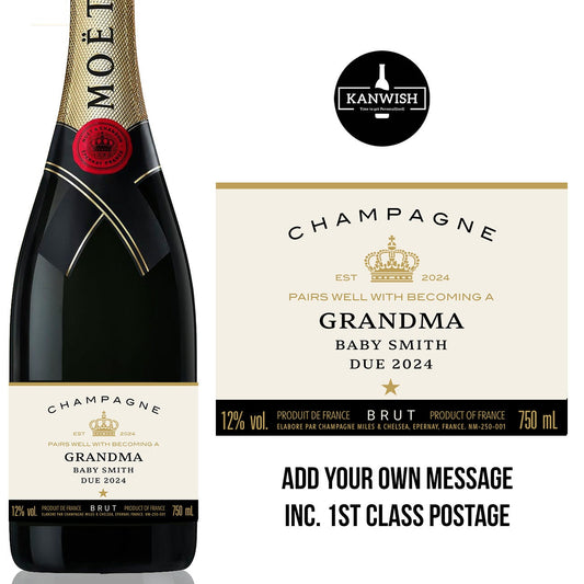 Personalised grandma Champagne Bottle Label sticker, new baby gift, baby announcement bottle gift,  becoming a grandparent gift, nan, nanny