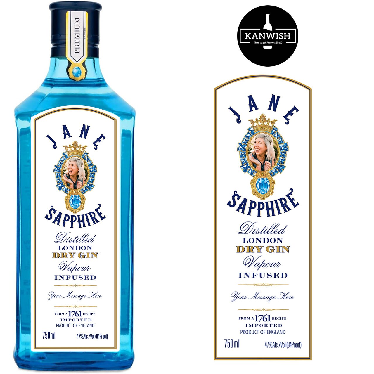 Personalised Bombay Sapphire photo gin bottle label birthday gift - and any text - perfect for any occasion