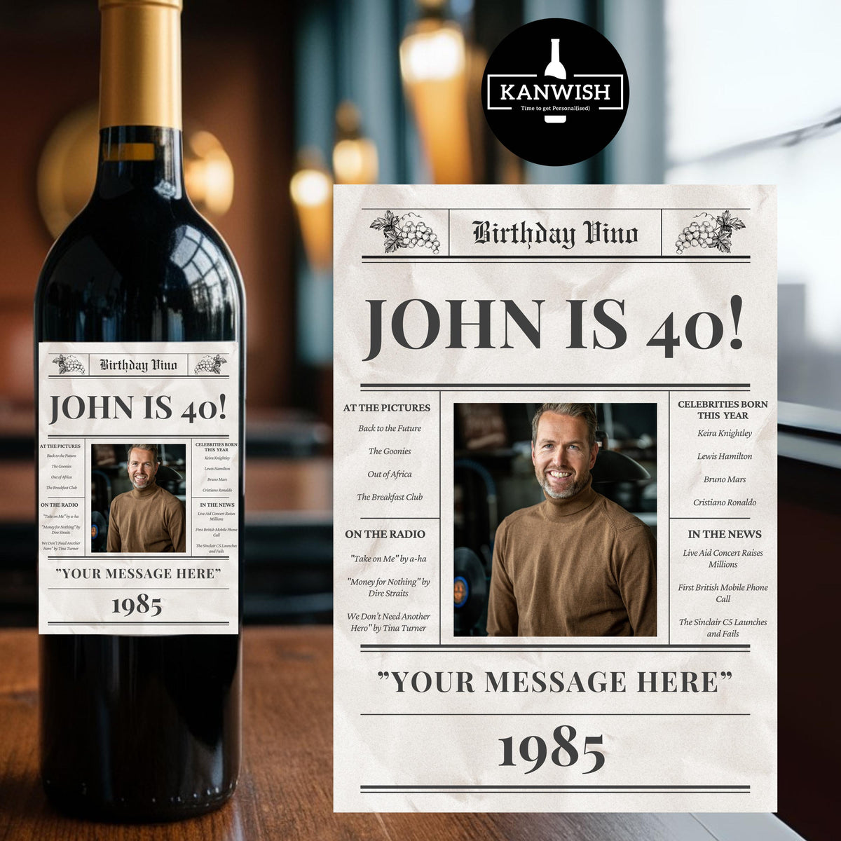 Personalized Photo Wine Label for 40th Birthday newspaper design – Custom 1985 Wine Bottle Label – Unique Birthday Gift for Him/Her.