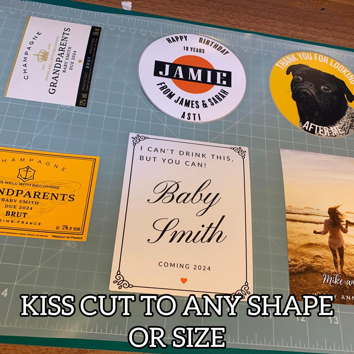 a cutting board with a bunch of stickers on it