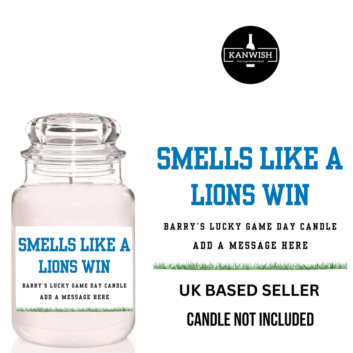 a glass jar with a label on it that says smells like a lions win