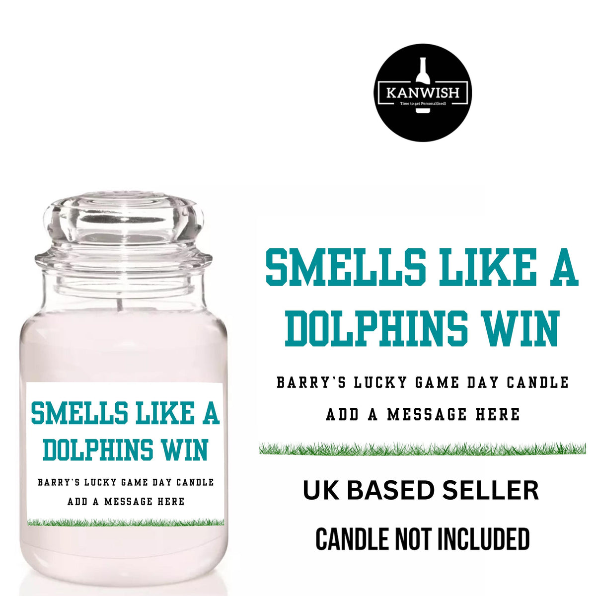 a glass jar with a label for smells like a dolphins win