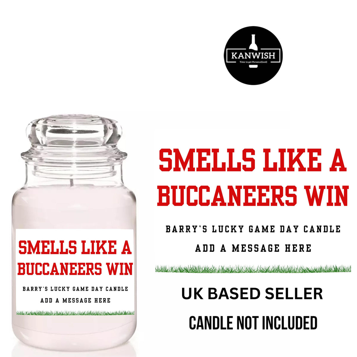 a glass jar with a label on it that says smells like a buccaners