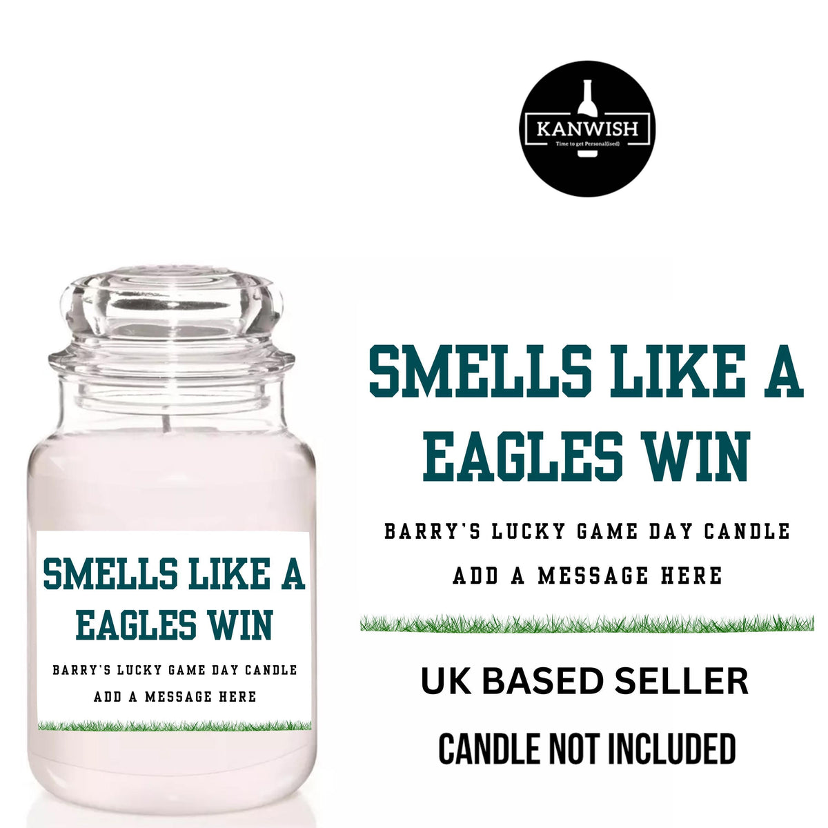 a glass jar with a label on it that says smells like a eagles win