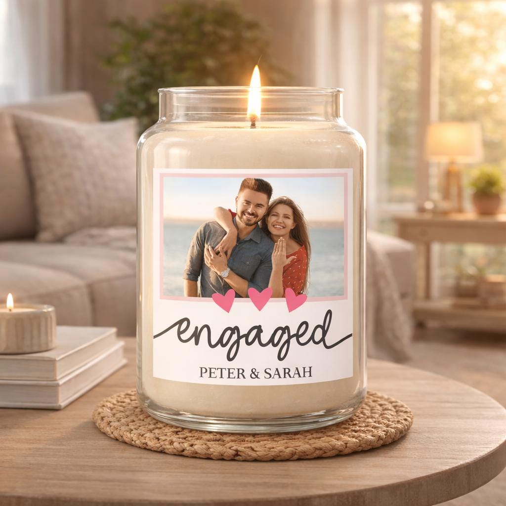 Personalised Engagement Candle Label – Custom Photo Sticker | CANDLE NOT INCLUDED