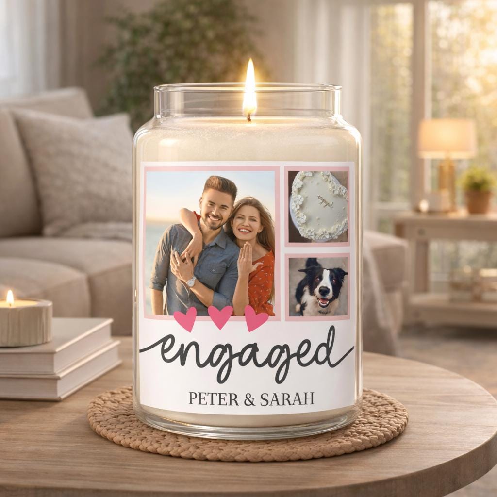 Personalised Engagement Candle Label – Custom Photo Sticker | CANDLE NOT INCLUDED